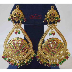 Gold Plated Jadau Earrings with Red Green Beads J2011