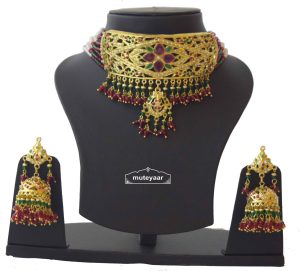 Gold Plated Ruby Emerald Jadau Gulband Set J4033