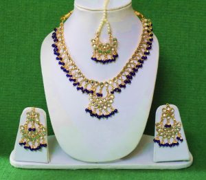 Blue Kundan Set of Tikka Earrings Necklace J0374