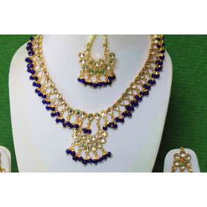 Blue Kundan Set of Tikka Earrings Necklace J0374
