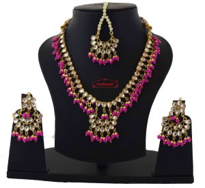 Hot Pink Kundan Set of Tikka Earrings Necklace J0375