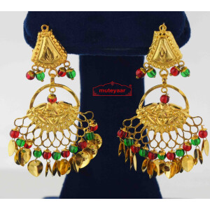 Golden Earings with red green beads J0571