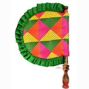Green Frill Phulkari Pakhi Hand Fan T0334