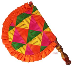 Orange Frill Phulkari Pakhi Hand Fan T0335