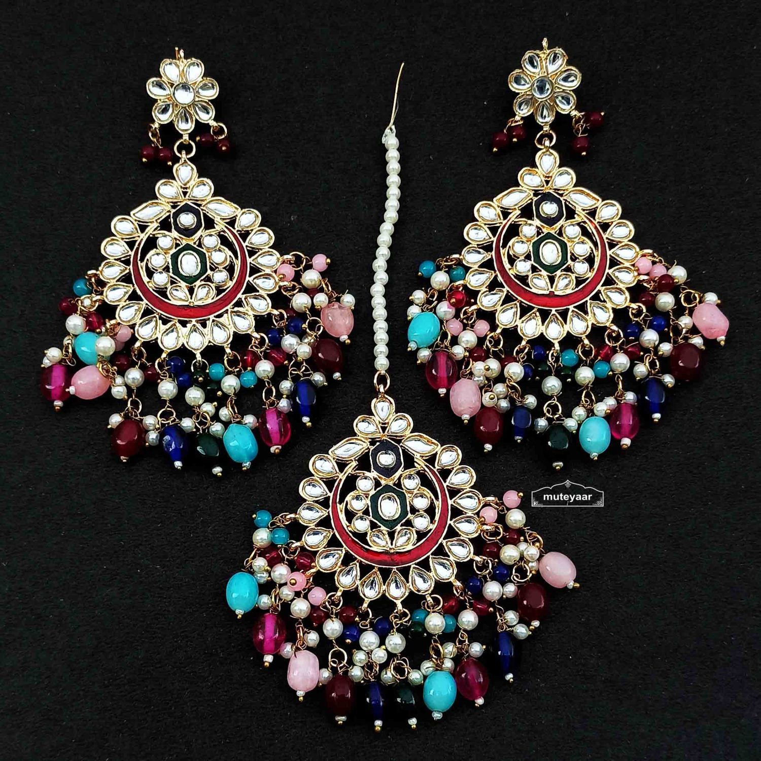 Multicolor Kundan Tikka Earrings Set J0706