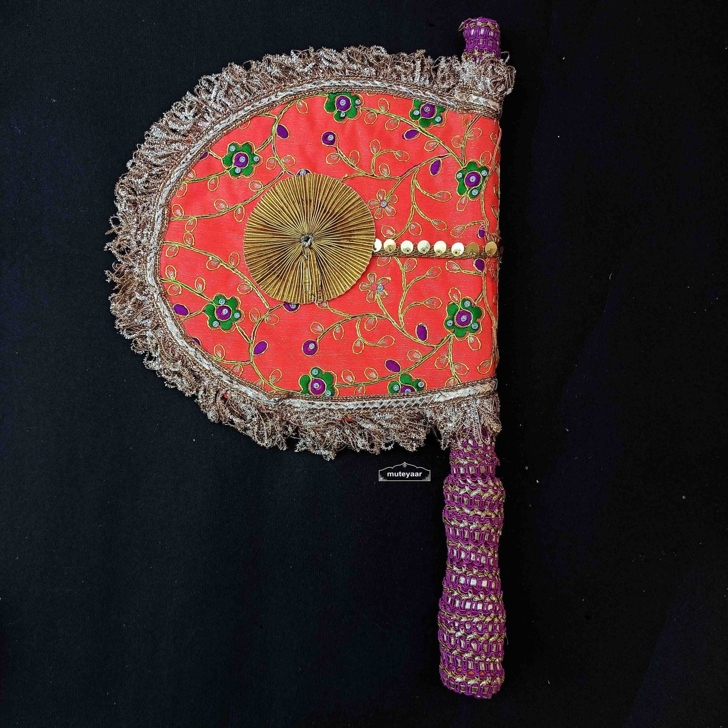 Peach Embroidered Pakhi Hand Fan T0364