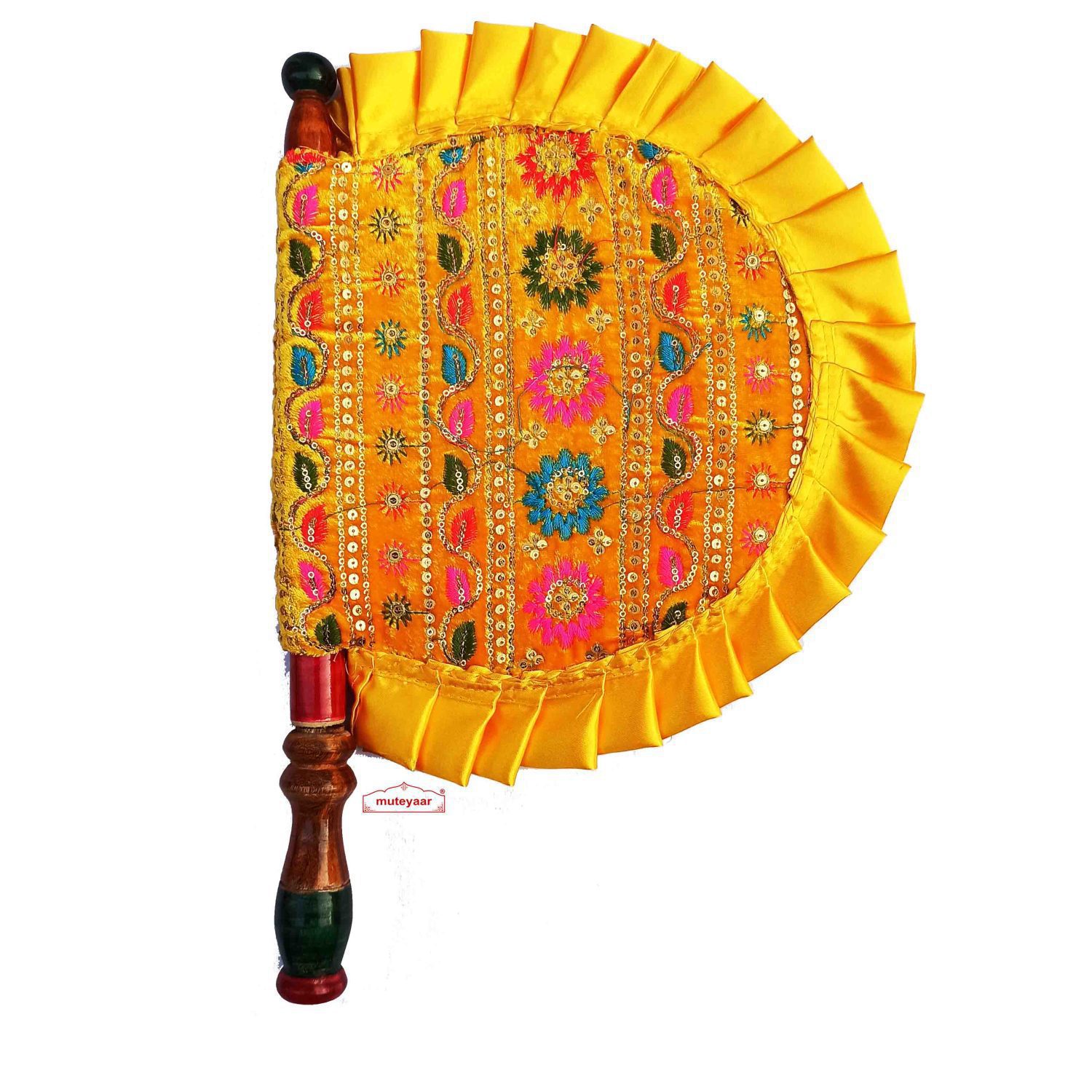 Yellow Embroidered Hand Fan Pakhi T0389