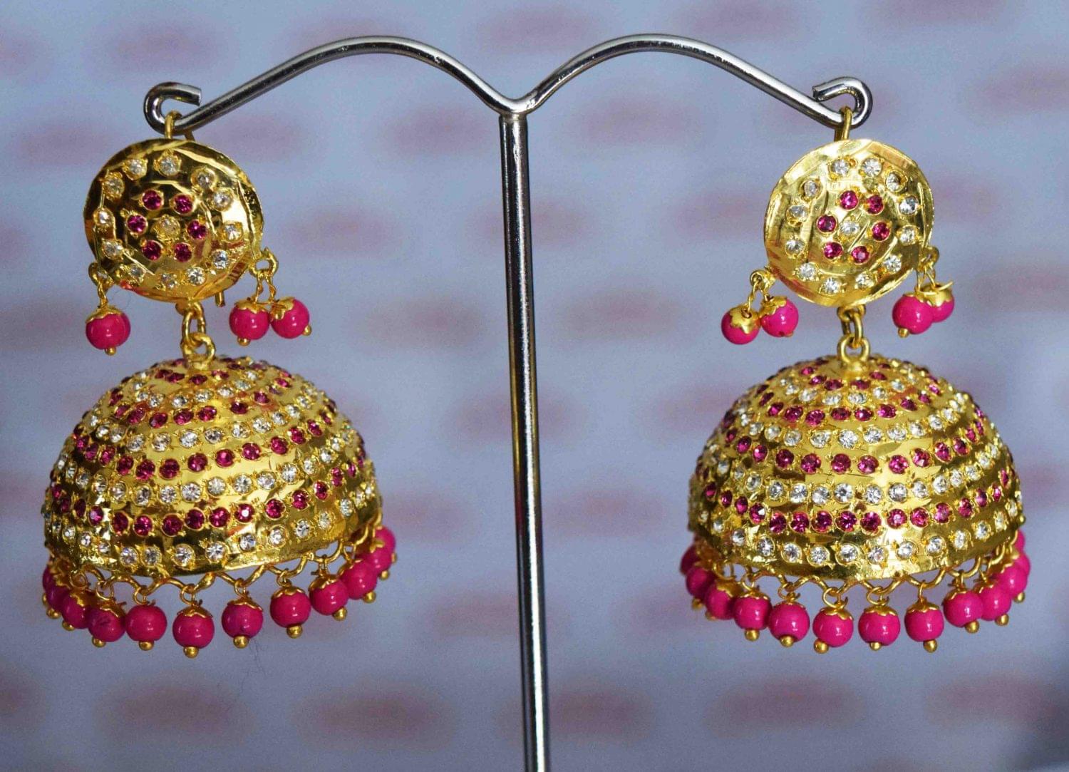 Punjabi Jadau Earrings Big Jhumka with magenta beads J0423 3 J0423